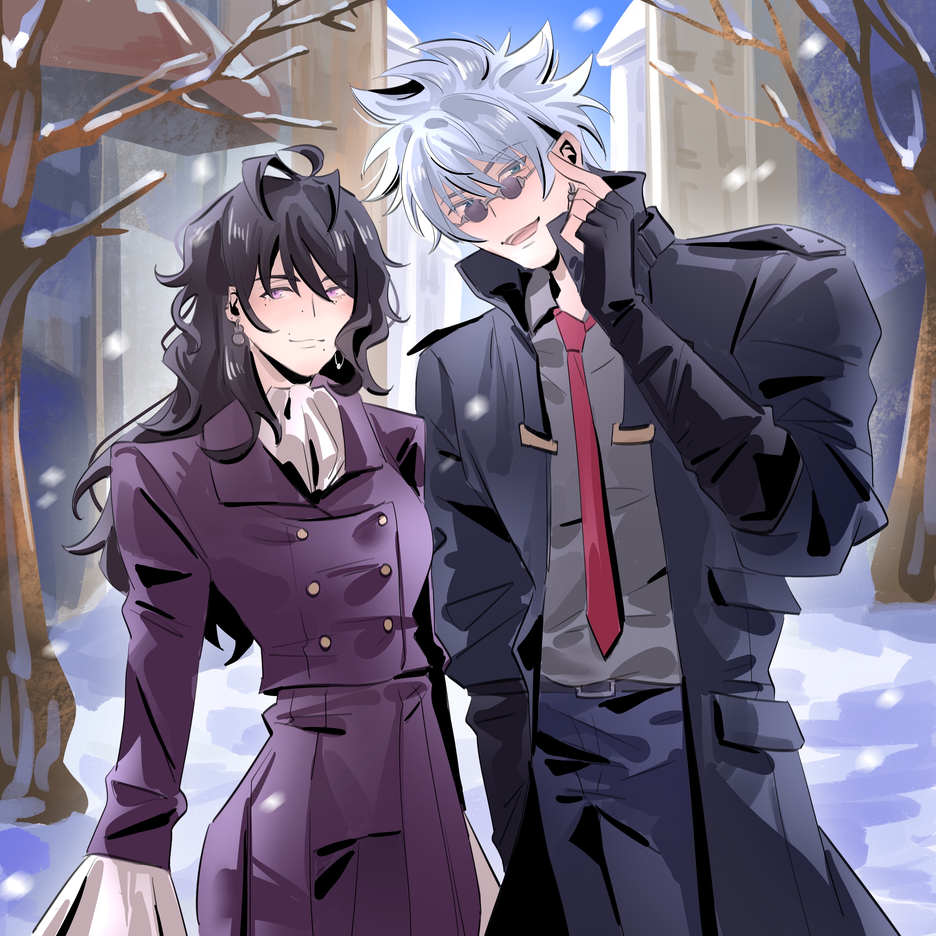 art of my OC Yukie and Enishi Yukishiro. They are standing side by side in a winter landscape, wearing Cagalli Yula Athha and Athrun Zala's outfits from Mobile Suit Gundam SEED Freedom